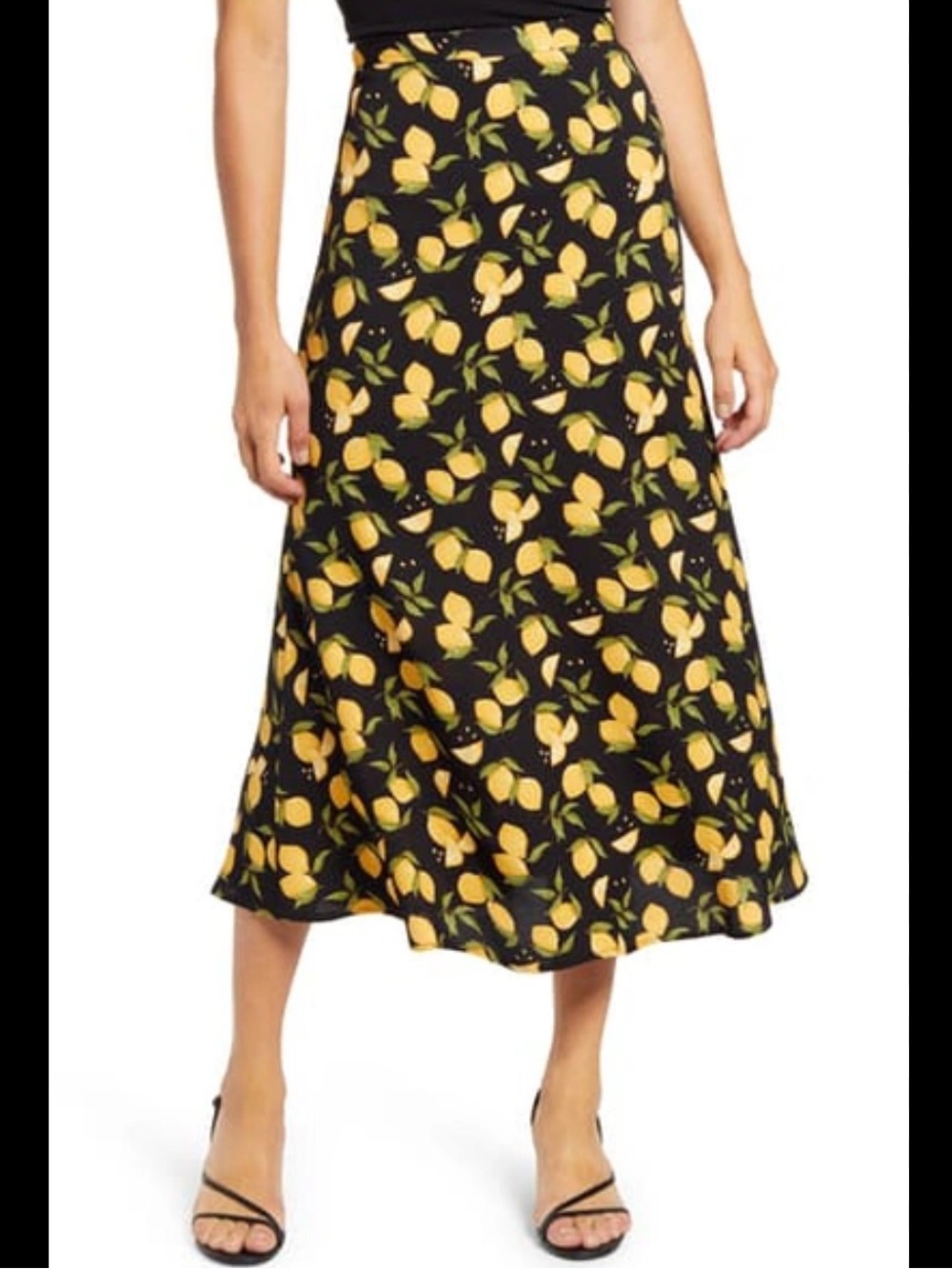 Reformation Bea Black Novelty Lemon-Print Midi Skirt 4P